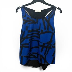 SANDRO 100% Silk Sleeveless Blouse Pattern in Black Blue